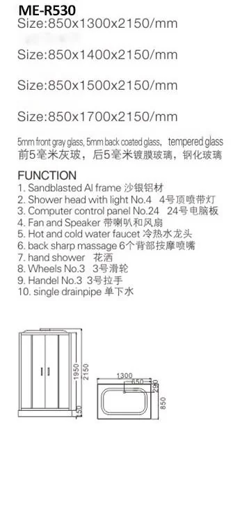 Large Freestanding Rectangular Massage Shower Booth with Low Tray M-530-CY
