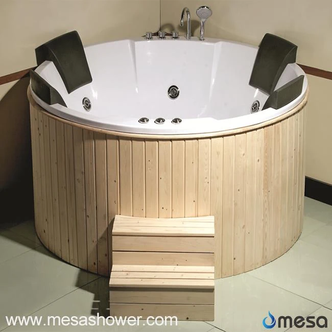 Out Door Round Acrylic Freestanding Bathtub with Wooden Surrounded