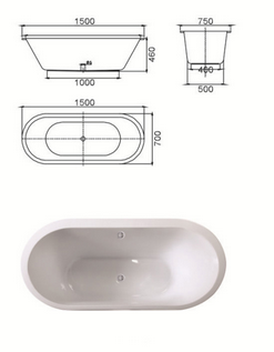 Rechteckige Acryl-Einbauwanne zum Baden, Slipper-Form mit beidseitig erh&ouml;hten Enden und Mittelablauf