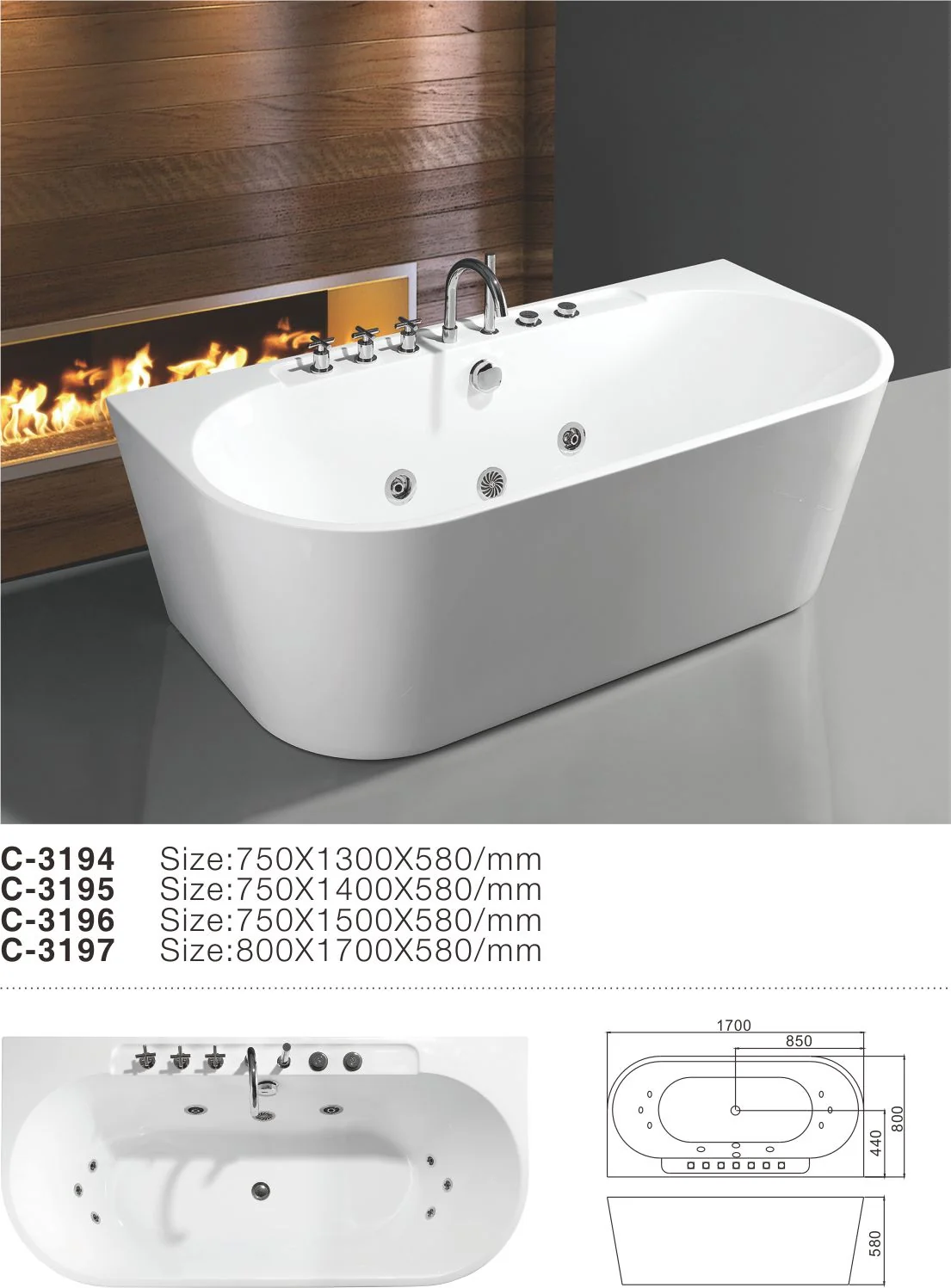 C-3194-2017 Neuheit: freistehende Acrylbadewanne fürs Bad mit ovalem Innenbecken und Whirlpoolfunktion Tub-1.jpg