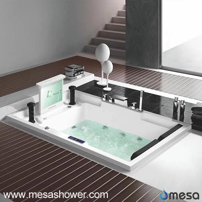 2 Baignoire encastr&eacute;e en acrylique de luxe pour deux personnes, de style contemporain, avec jets d&rsquo;hydromassage &agrave; remous et t&eacute;l&eacute;viseur