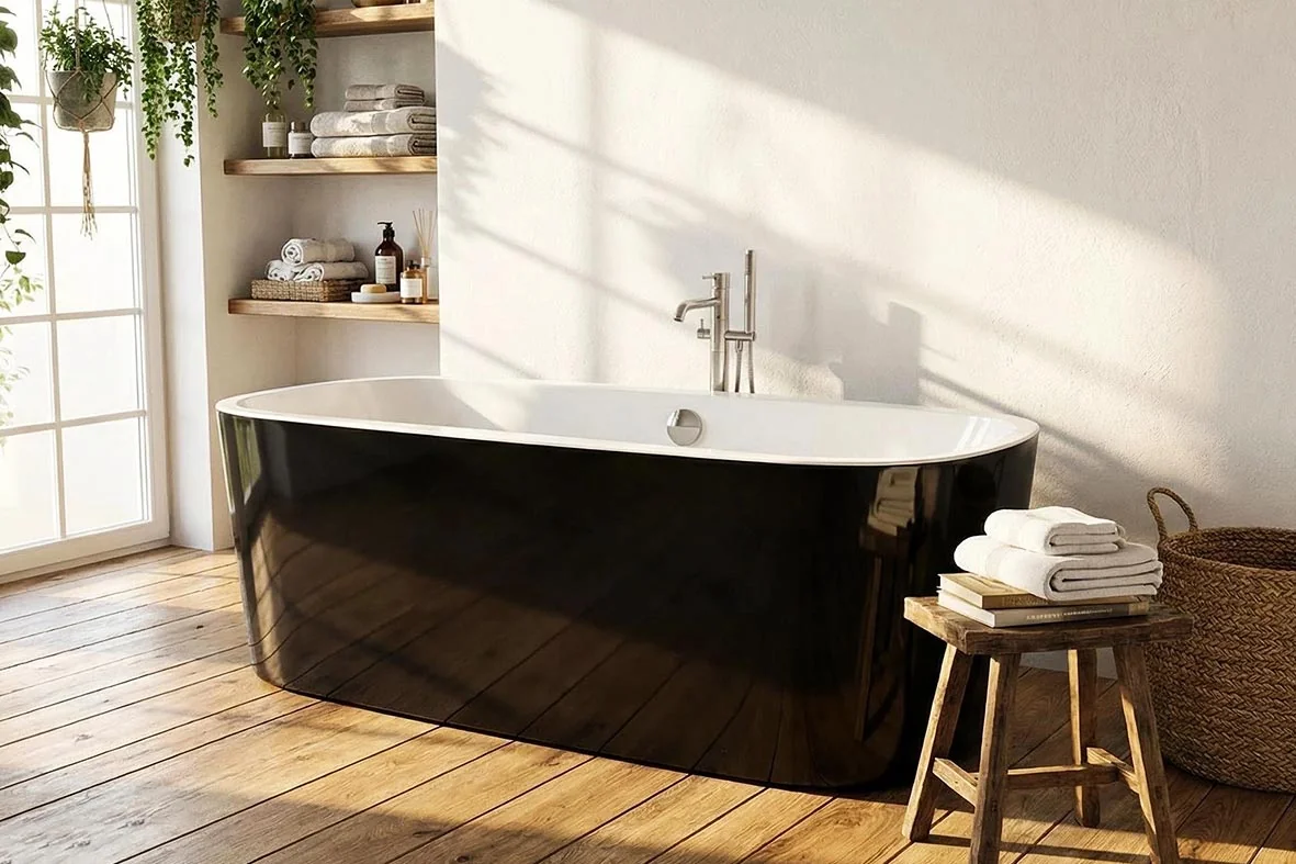 Tagaluwas ng itim na bathtub na malayang nakapuwesto Tagaluwas ng itim na bathtub na malayang nakapuwesto