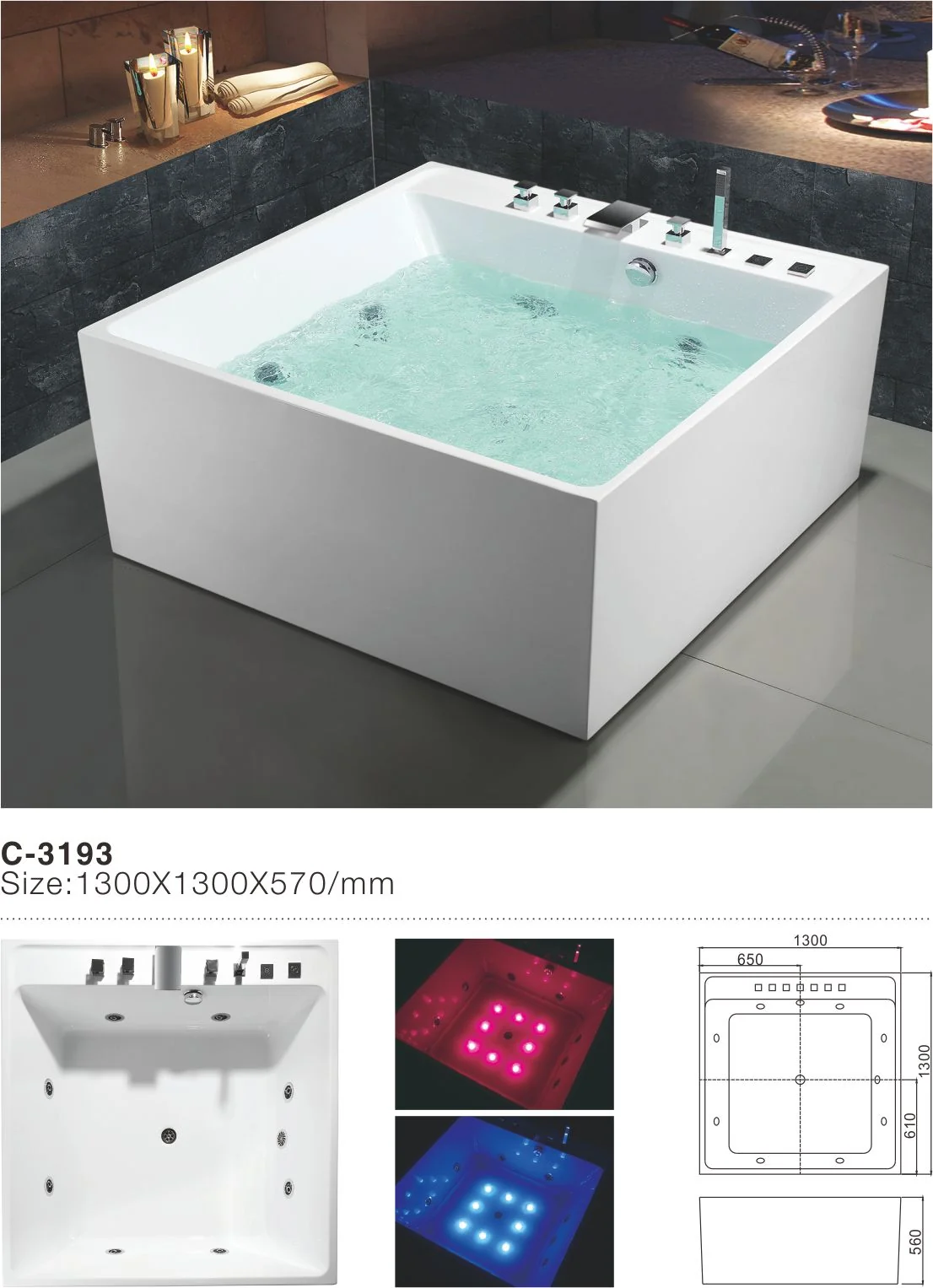 product-753-964 Model C-3193 2017 New Product Acrylic Square Shape Bath Tub with Jetted Whirlpoor Massage Function-1.jpg
