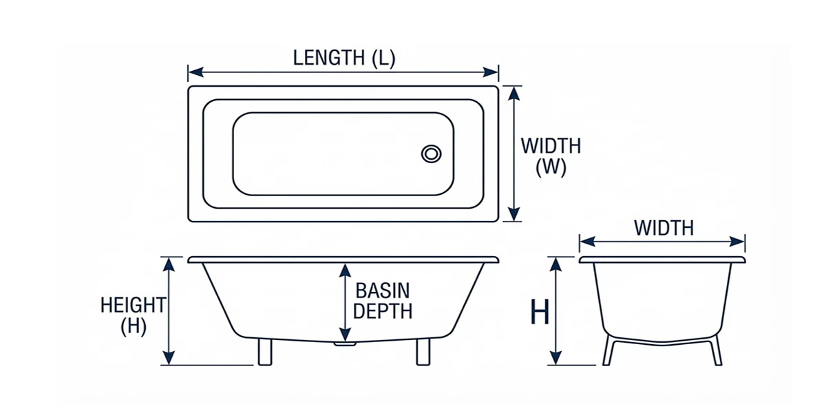 Standard bathtub dimensions diagram and measurement chart Standard bathtub dimensions diagram and measurement chart