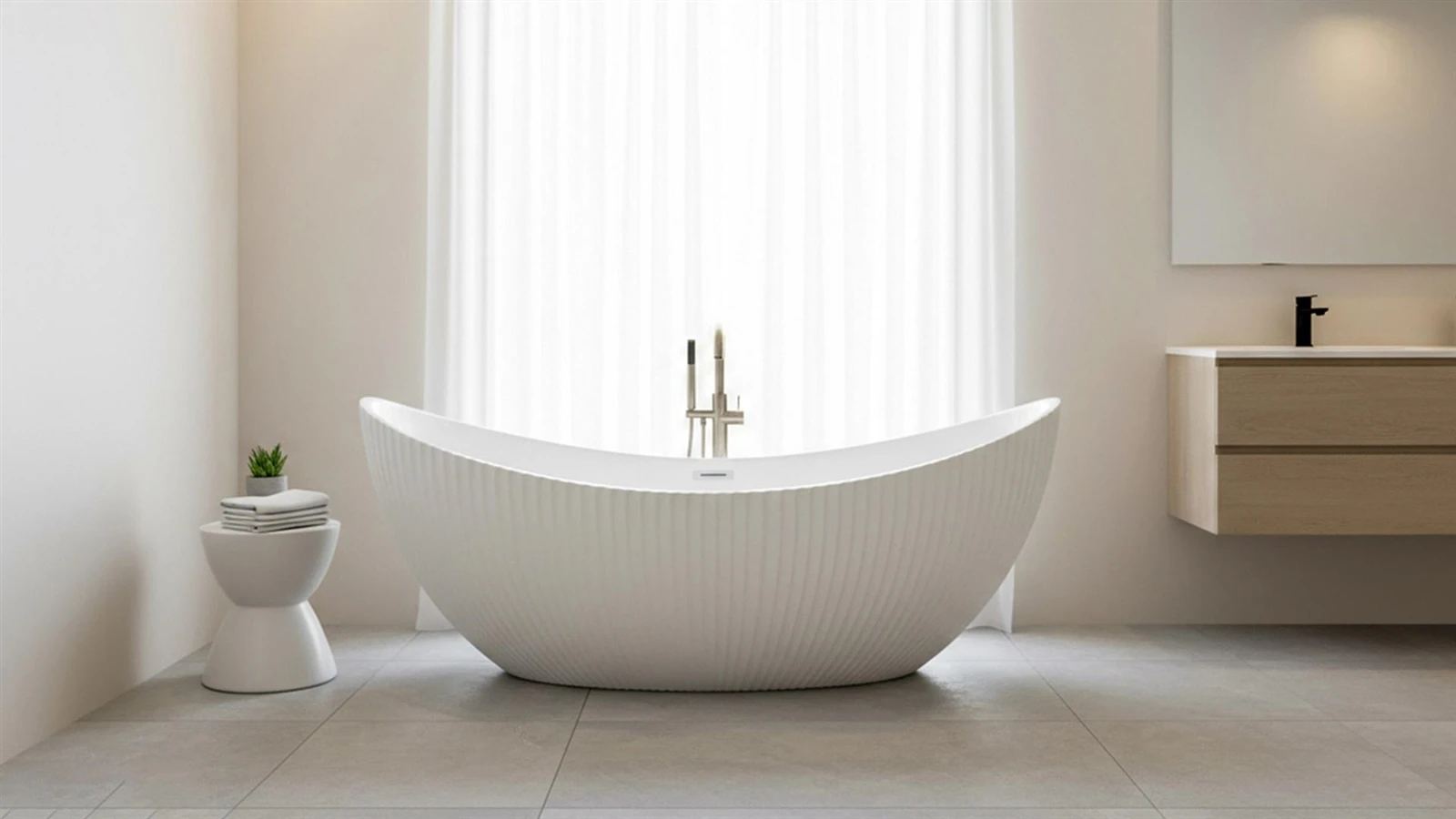 Boat-shaped acrylic bathtub showing flexible design shapes and smooth, glossy composite material