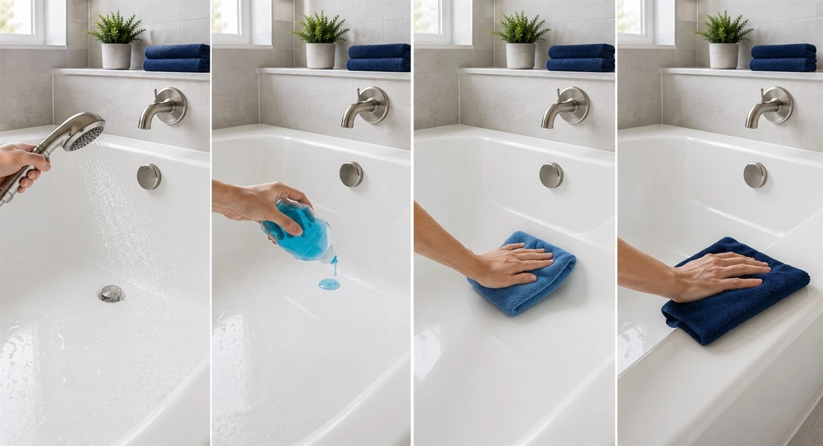 Surface-safe steps for cleaning a fiberglass bathtub Surface-safe steps for cleaning a fiberglass bathtub