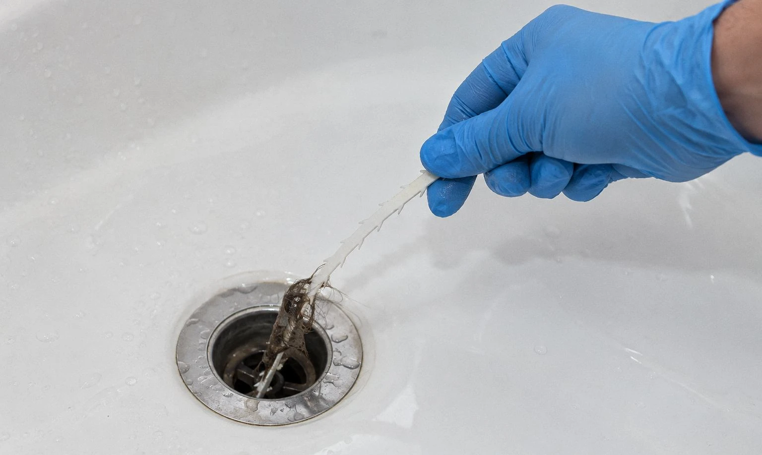 Gloved hands removing hair from a bathtub drain with a drain cleaning tool