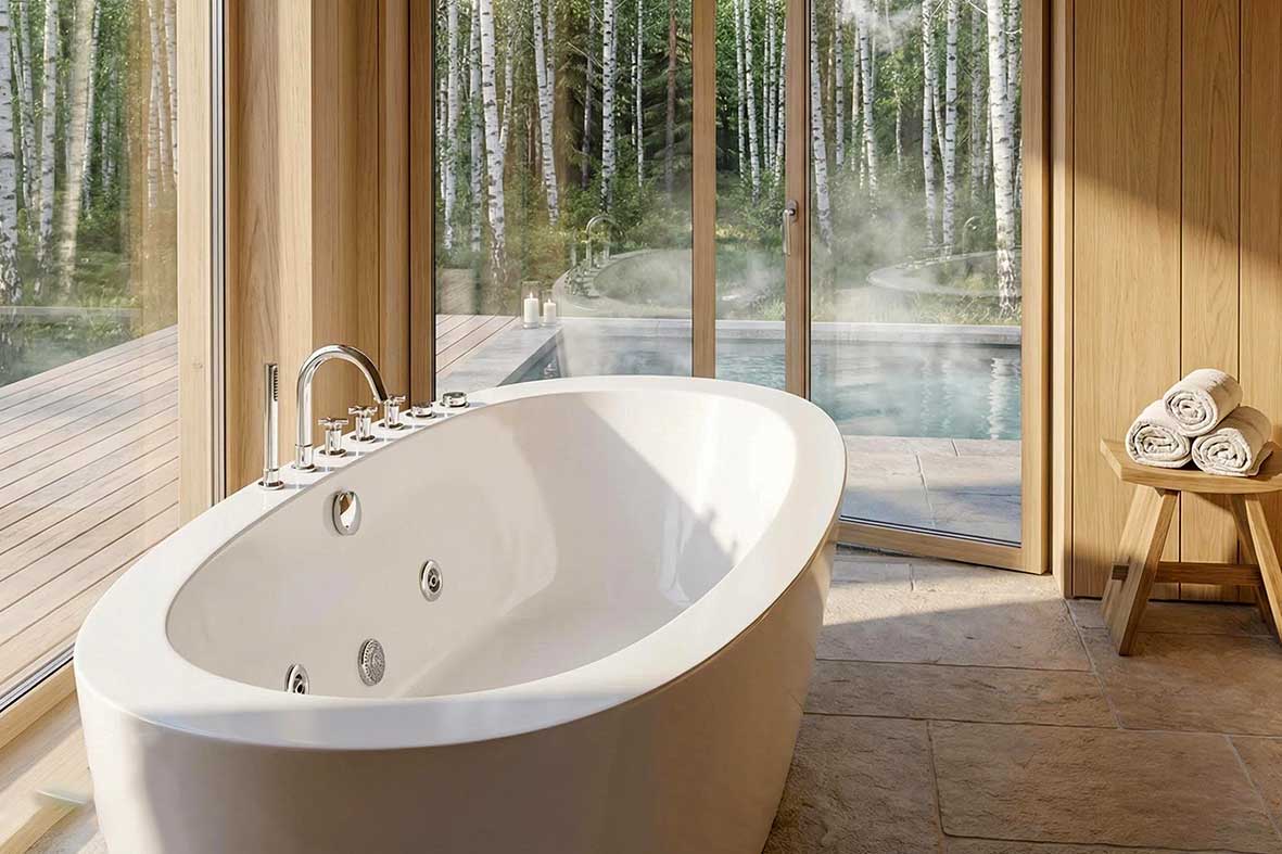 Entreprise de baignoires îlot modernes en acrylique avec jets d’eau
